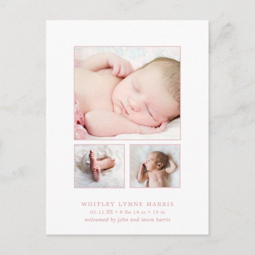 Classic Photo Collage Pink Baby Girl Birth Announcement Postcard