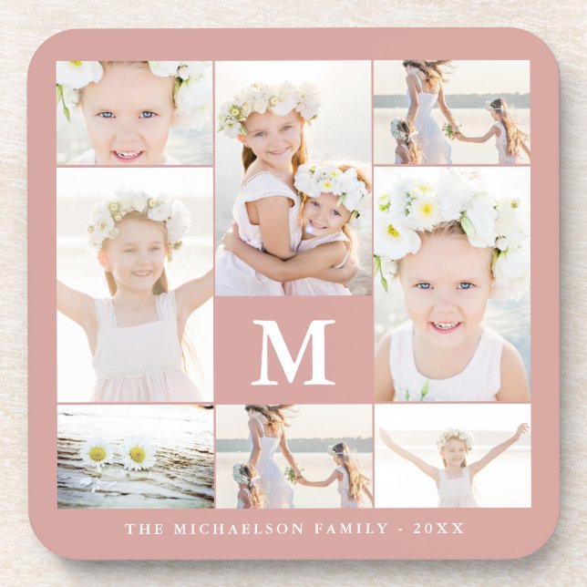 Classic Photo Collage with Monogram and Name Beverage Coaster (Front)