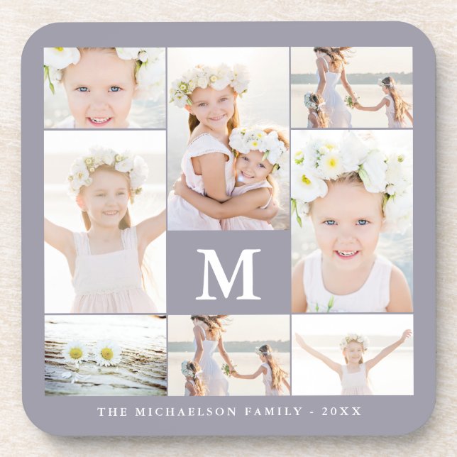 Classic Photo Collage with Monogram and Name Beverage Coaster (Front)
