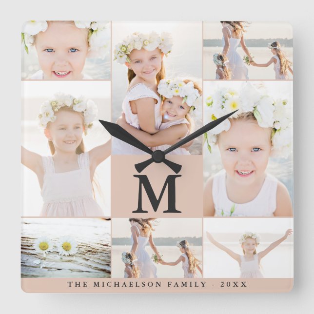 Classic Photo Collage with Monogram and Name Square Wall Clock (Front)