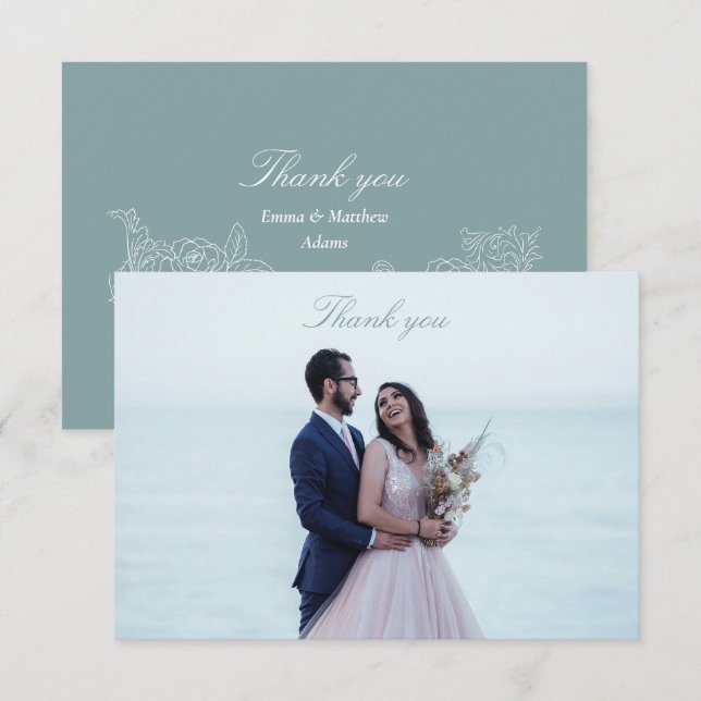 Classic Photo Dusty Blue Regency Wedding Thank You Card (Front/Back)