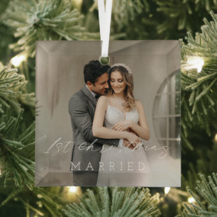 Classic Photo Elegant Newlywed Christmas Glass Ornament