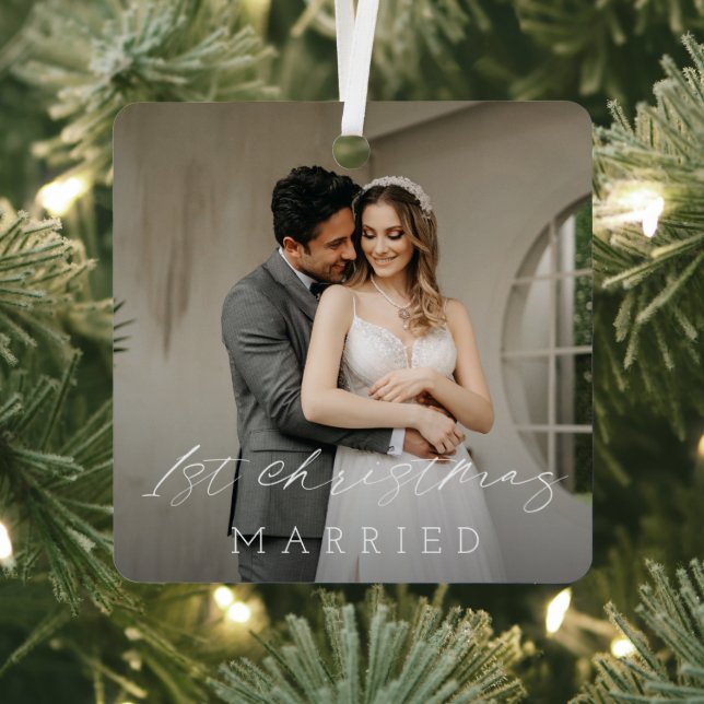 Classic Photo Elegant Newlywed Christmas Metal Ornament (Insitu)