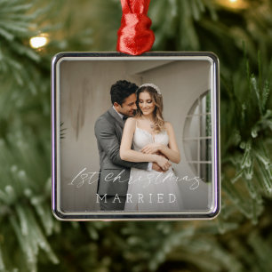 Classic Photo Elegant Newlywed Christmas Metal Ornament