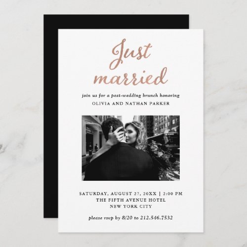 Classic Photo  Faux Rose Gold Just Married Invitation