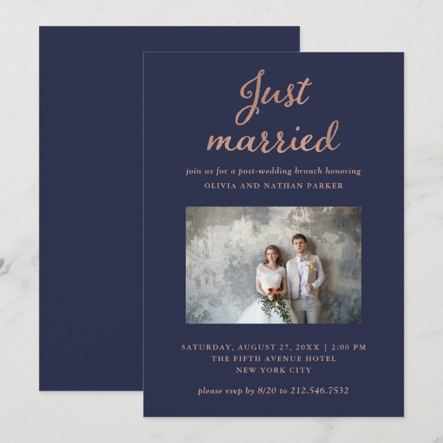 Classic Photo | Navy and Rose Gold Just Married Invitation (Front/Back)