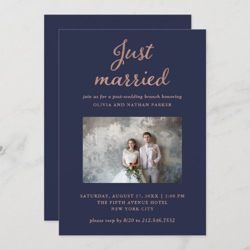 Classic Photo  Navy and Rose Gold Just Married Invitation