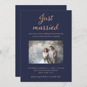 Classic Photo Navy and Rose Gold Just Married Invitation