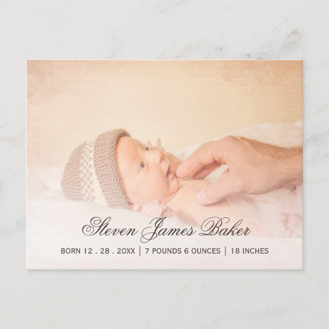 Classic Photo Newborn Baby Hand of Father Announcement Postcard (Front)