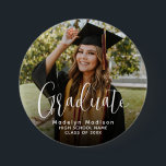 Classic Photo Simple Modern Script for Graduates Button<br><div class="desc">Introducing our elegant Graduate Photo Button, a perfect memento to celebrate this significant milestone in your academic journey. With its simple, modern, and classic design, this button beautifully combines sans serif and playful cursive typography, creating a timeless aesthetic. It allows you to personalize it with a custom photograph, capturing the...</div>