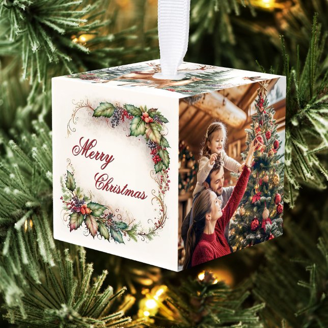 Classic Photos Christmas Cube Ornament (A festive Christmas cube ornament featuring a watercolor leaf design and your custom photos)