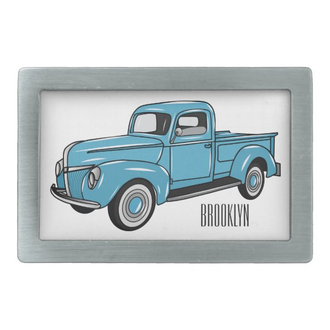 Classic pick up truck cartoon illustration belt buckle (Front)