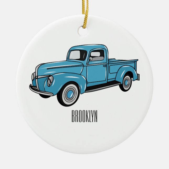 Classic pick up truck cartoon illustration ceramic ornament (Front)