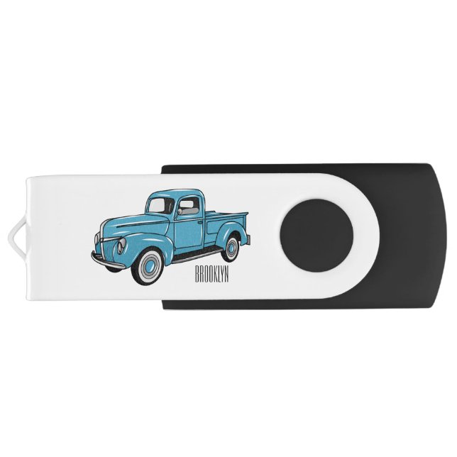 Classic pick up truck cartoon illustration flash drive (Back)