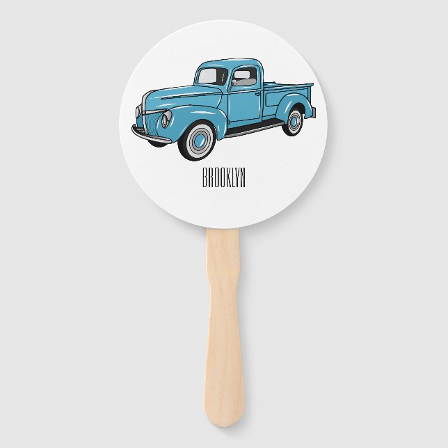 Classic pick up truck cartoon illustration hand fan (Front)