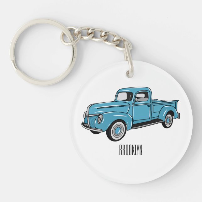 Classic pick up truck cartoon illustration keychain (Front)