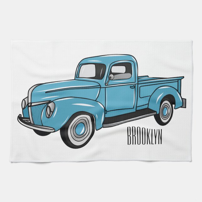 Classic pick up truck cartoon illustration kitchen towel (Horizontal)