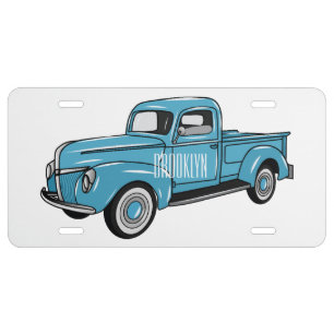 Classic pick up truck cartoon illustration license plate