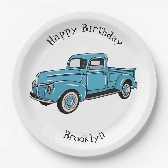 Classic pick up truck cartoon illustration paper plates (Front)