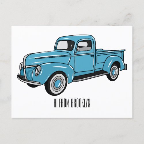 Classic pick up truck cartoon illustration postcard