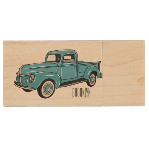 Classic pick up truck cartoon illustration wood flash drive