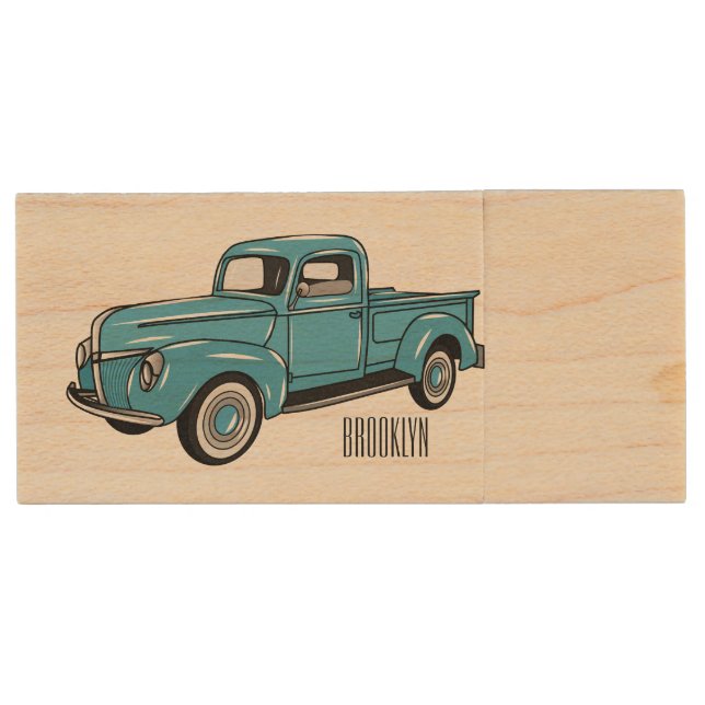 Classic pick up truck cartoon illustration wood flash drive (Front)