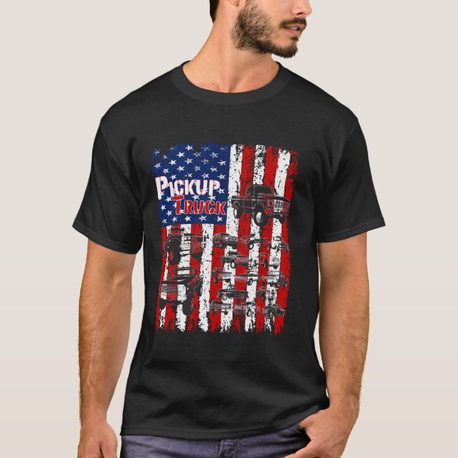 Classic Pickup Truck American Flag 4th of July gra T-Shirt (Front)