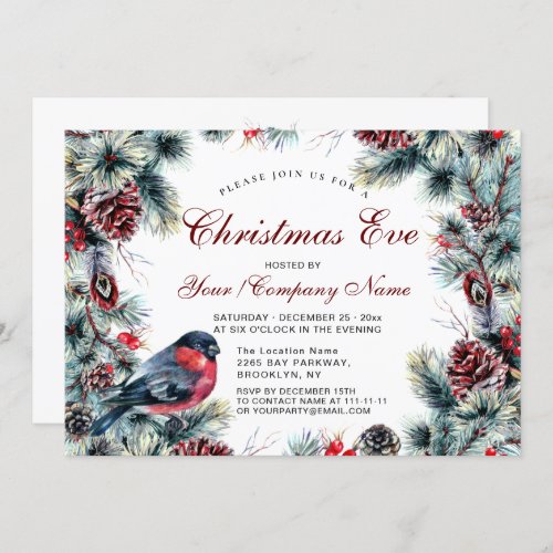 Classic Pine Cone Wreath  Red Bird Christmas Eve Invitation