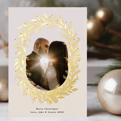 Classic pine frame wreath Christmas photo Gold Foil Holiday Card