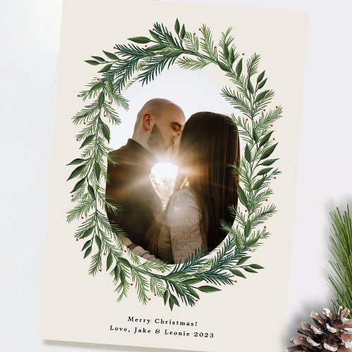 Classic pine frame wreath Christmas photo Holiday Card