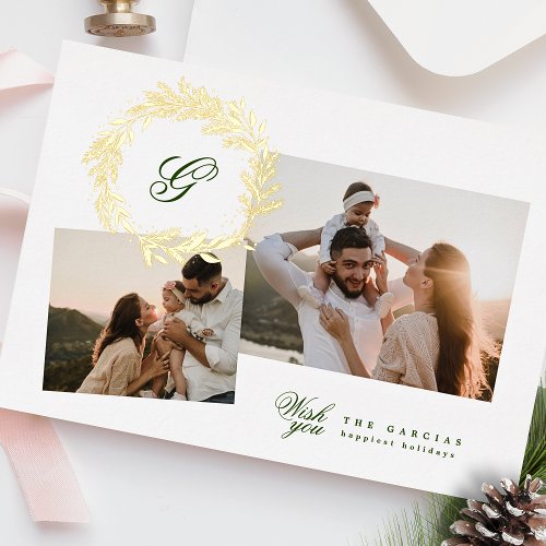Classic pine monogram wreath elegant photo collage foil holiday card