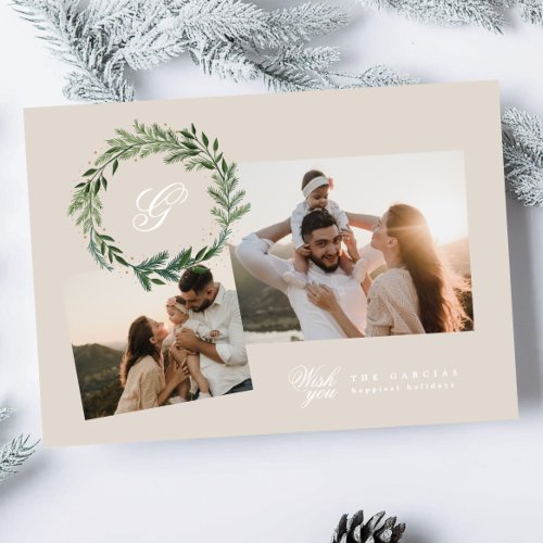 Classic pine monogram wreath elegant photo collage holiday card