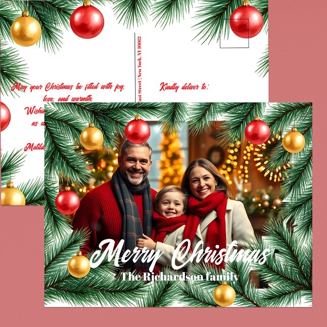 Classic Pine Red Gold Ornament Family Christmas Holiday Postcard (Creator Uploaded)