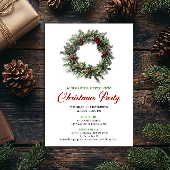 Classic Pine Wreath Christmas Party Editable Invitation (Classic Pine Wreath Christmas Party Editable)