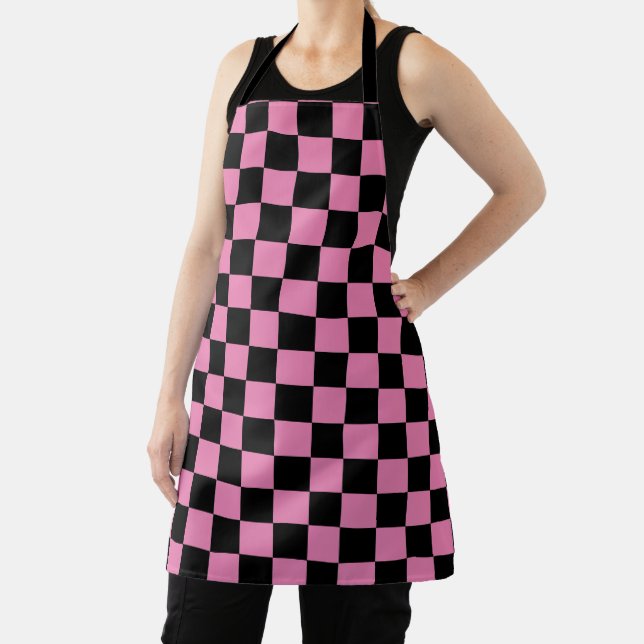 Classic Pink and Black checkered chequered pattern Apron (Insitu)