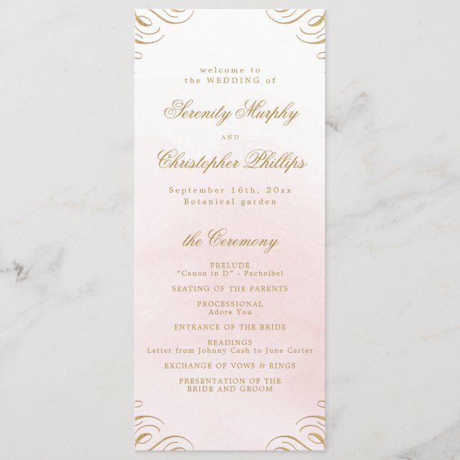 Classic pink and gold Calligraphy Wedding Program (Front)