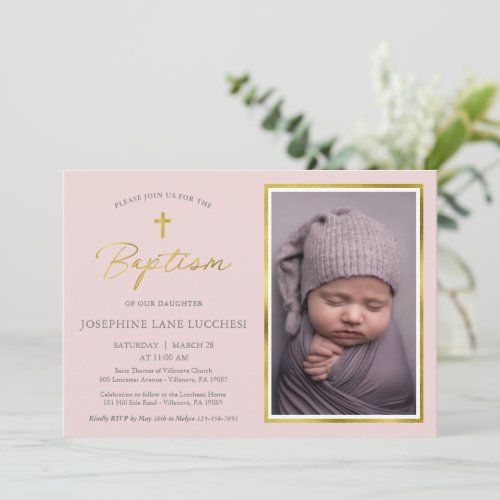 Classic Pink and Gold Script Photo Baptism Invitation