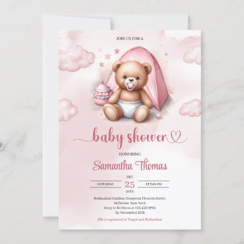 Classic pink and grey baby teddy bear in tent invitation