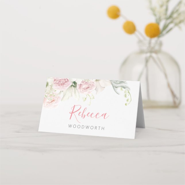 Classic Pink and White Floral place card, wedding Card (Front)