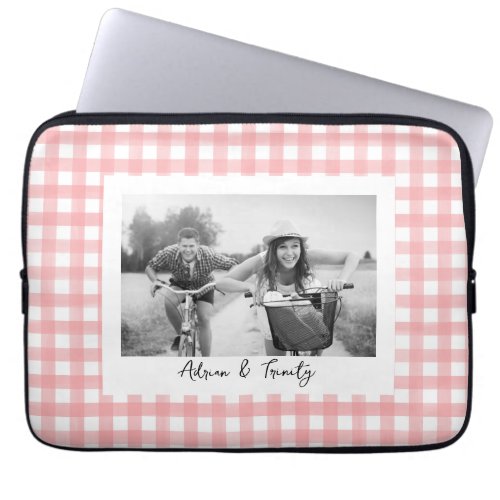 Classic Pink and White Gingham Plaid Custom Photo Laptop Sleeve