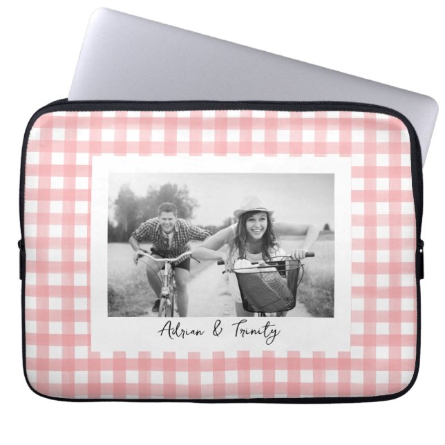 Classic Pink and White Gingham Plaid Custom Photo Laptop Sleeve (Front)