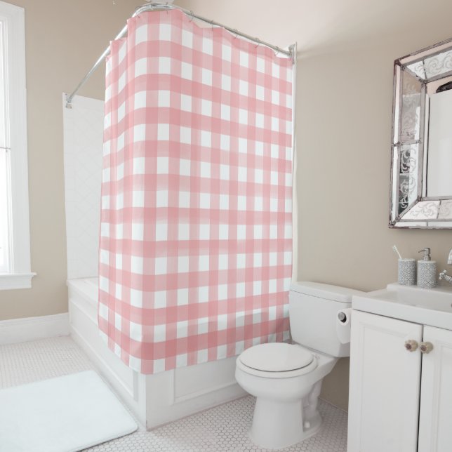 Classic Pink and White Gingham Plaid Patterned Shower Curtain (In Situ)