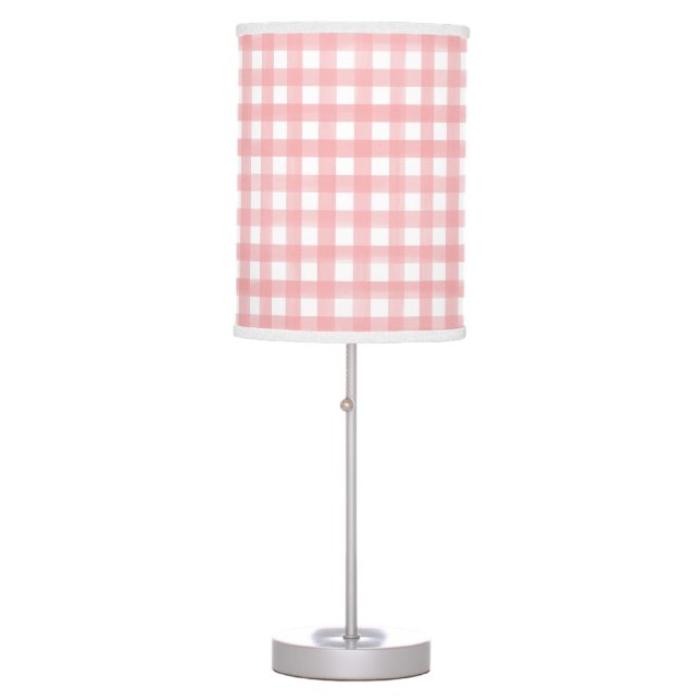 Classic Pink and White Gingham Plaid Patterned Table Lamp (Front)