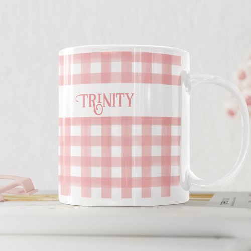 Classic Pink and White Gingham Plaid Personalized Coffee Mug