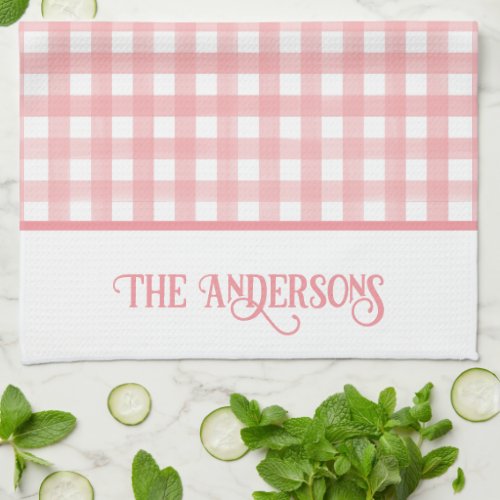 Classic Pink and White Gingham Plaid Personalized Kitchen Towel