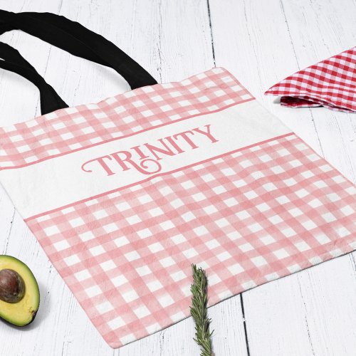 Classic Pink and White Gingham Plaid Personalized Tote Bag