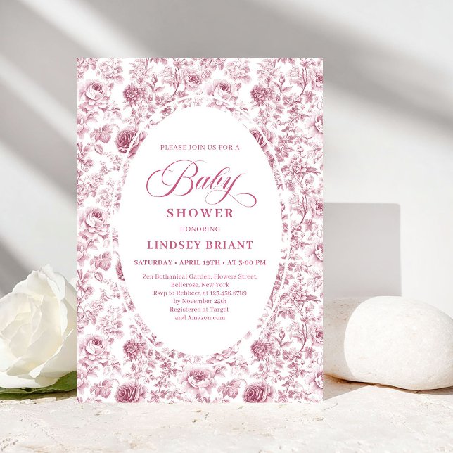 Classic Pink and White Rose Pattern Baby Shower  Invitation (Classic Pink and White Rose Pattern Baby Shower Invite)