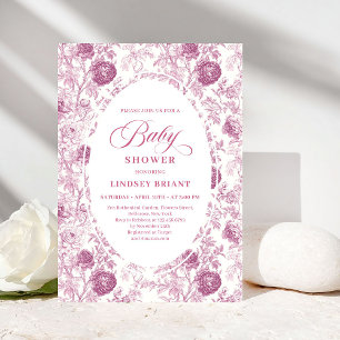 Classic Pink and White Roses Toile Baby Shower Invitation