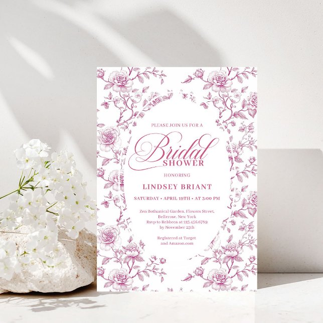 Classic Pink and White Roses Toile Bridal Shower  Invitation (Classic Pink and White Roses Toile Bridal Shower Invite)