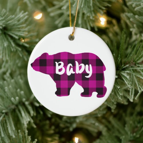 Classic pink black plaid baby bear design ceramic ornament